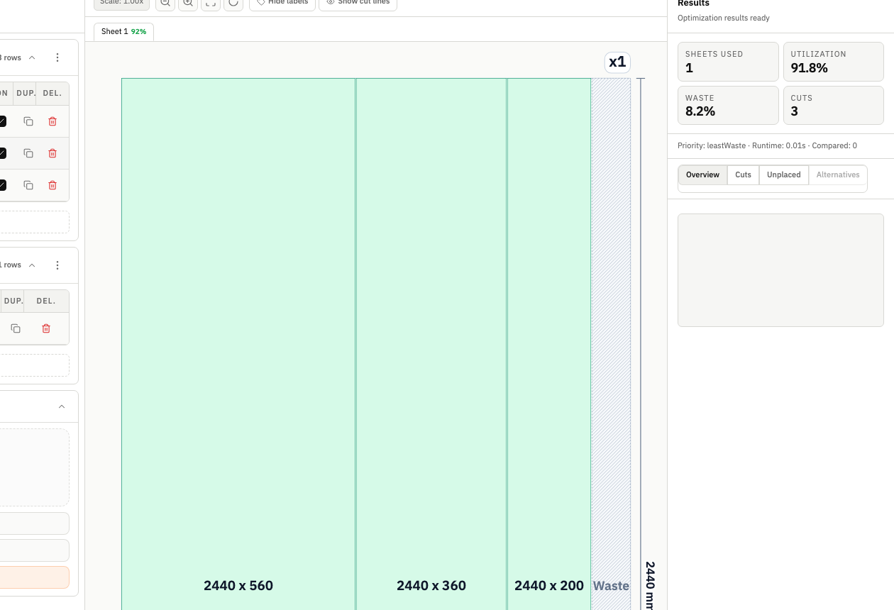 Grain direction aware strategy comparison in CutOps results view.